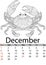 Calendar December month 2019. Antistress coloring crab, mandala, patterns. Crustacean from the seabed. Vector
