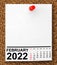 Calendar February 2022 on Blank Note Paper. 3d Rendering