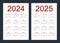 Calendar grid for 2024, 2025 years. Simple vertical template in Russian language. Isolated vector illustration on white background
