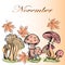 calendar illustration, November, colorful autumn leaves and mushrooms