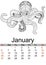 Calendar January 2019 year. Antistress coloring octopus, sea animal, molusk. Raster