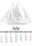 Calendar July month 2019. Antistress coloring water transport, ship of pirates, sailboat patterns. Vector
