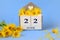 Calendar for June 22: cubes with the number 22 , the name of the month of June in English, a bouquet of yellow daisies, blue