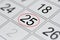 Calendar, mark day of the week, date in the red circle, note, scheduler, memo, save the date, 25