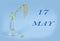 Calendar for May 17: a birch branch in a glass vase on a blue background, the name of the month May in English, the numbers 17