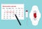 A calendar with the menstrual days marks and menstrual pad with blood drop. Vector illustration of blood period calendar. Menstrua