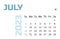 Calendar for the month of July 2023. blue Horizontal calendar