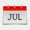 Calendar month July icon on gray and red color on transparent b