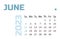 Calendar for the month of June 2023. blue Horizontal calendar