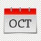 Calendar month October icon on gray and red color on transparen