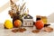 Calendar for November 21 : the name of the month in English, the number 21 , a bouquet of dried flowers in a basket, pumpkins,