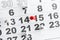 Calendar with numbers marked with white and red push pins. The number of February 14. Background for Valentine`s Day