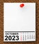 Calendar October 2023 on Blank Note Paper. 3d Rendering