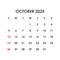 Calendar for October 2025. The week starts on Sunday.