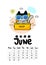 Calendar page with cute cat on white background. Wall monthly calendar or desk calendar 2021. June Month.