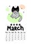 Calendar page with cute cat on white background. Wall monthly calendar or desk calendar 2021. March Month.