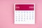 Calendar page July 2024 on pink background