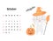 Calendar page for October 2023 with a cute smiling rabbit in a hat, with a broom and a Halloween pumpkin. Adorable animal,