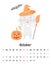 Calendar page for October 2023 with a cute smiling rabbit in a hat, with a broom and a Halloween pumpkin. Adorable animal,