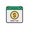 Calendar payday loan, monthly payment flat color line icon.