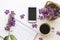 Calendar plan ,mobiel phone ,coffee and purple flowers in spring season