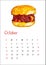 Calendar sheet for october 2023 appetizing sandwich, sloppy joes, american cuisine, watercolor illustration, sketch, A4