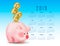 Calendar with Symbolic shiny metal golden coins with numbers 2019 falling into money pig bank. Conceptual realistic vector illustr