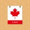 Calendar on the wall with the date of July 1 and a red maple leaf, symbol of Canada. Vector