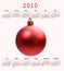 Calendar of year 2010 with a Christmas ball