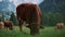 Calf is eating raw grass on meadow in Alps, grazing