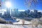 Calgary city skyline view during a snowy winter day