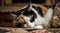 A calico cat laying on top of a couch. AI generative image.