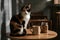 Calico cat on table with mug and nuts, cozy cafe kitchen vibes
