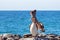 California Brown Pelicans perching on rocky outcrop at Cerritos Beach at Punta Lobos in Baja California Mexico