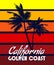 California Golden Coast t-shirt typography sunset print design. Poster retro palm tree silhouettes