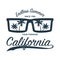 California grunge print for t-shirt with sunglasses and palm trees. Summer typography for clothes, original apparel. Vector