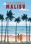 California Malibu Beach retro travel poster 