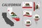 CALIFORNIA. Set of national infographics elements with various flags, detailed maps, pointer, button and different shapes badges.