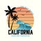 California slogan for t-shirt typography with waves and palm trees. Surf tee shirt design, surfing apparel print. Vector