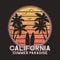 California slogan typography for design clothes, t-shirts. Surf tee shirt design with palm trees and surfboard. Vector