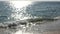 California summertime beach aesthetic, blurred defocused water wave. Shiny sun track and sunlight. Santa Monica pacific ocean