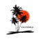 California sunset logo badge on white background graphics for t-shirts and other print production. Palm tree silhouette sunset