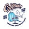 California surfing championship. Emblem template with waves and palms. Design element for poster, card, banner, sign
