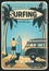 California surfing school retro vector poster