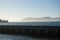 California trip San Francisco bridge with boat in port foggy afternoon  summer time