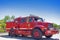 California-United States, July 12, 2014: Iconic Red Color American Fire Engine Equipped with Fire-Fighting Tools on Parking Place