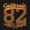 California Varsity typography for design clothes, t-shirt. Graphic for athletic apparel with striped number. Sportswear print.