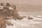 Calima-sand storm on the coastline. March 25, 2022. Nerja, Spain