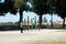 Calisthenics at outdoor gym, youngs man hanging from exercise equipment on the fortress wall in Siena, Italy