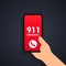 Call 911 icon. Emergency call concept. Hand holding smartphone  finger touching call button call 911. Vector flat design. Mobile